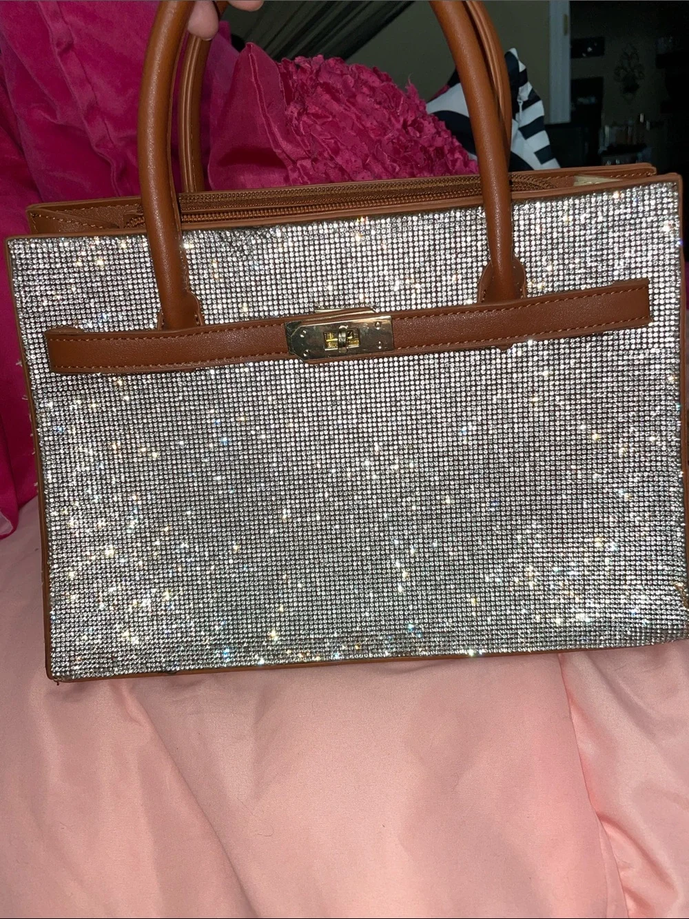 Classic Structured Tote Bag in Brown and Silver